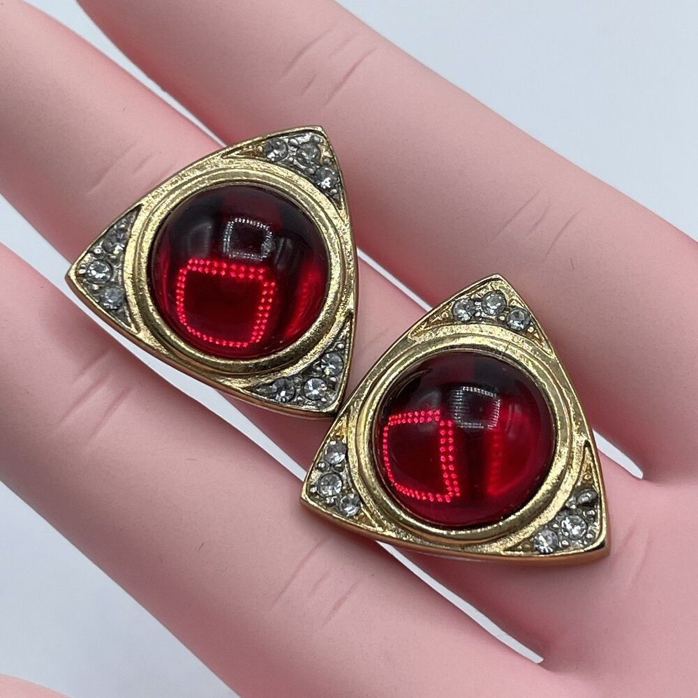 Vintage Red Jelly Belly Glass Triangle Stud Earrings Gold Tone Statement Post